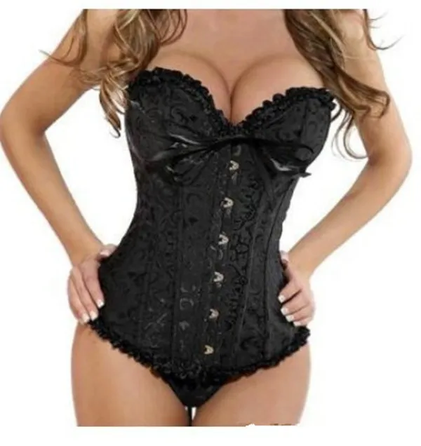 Sexy Corset Women Bone Black Lace Bustier Corset+G string Set Lingerie Free Shipping WL3015 | Женская одежда