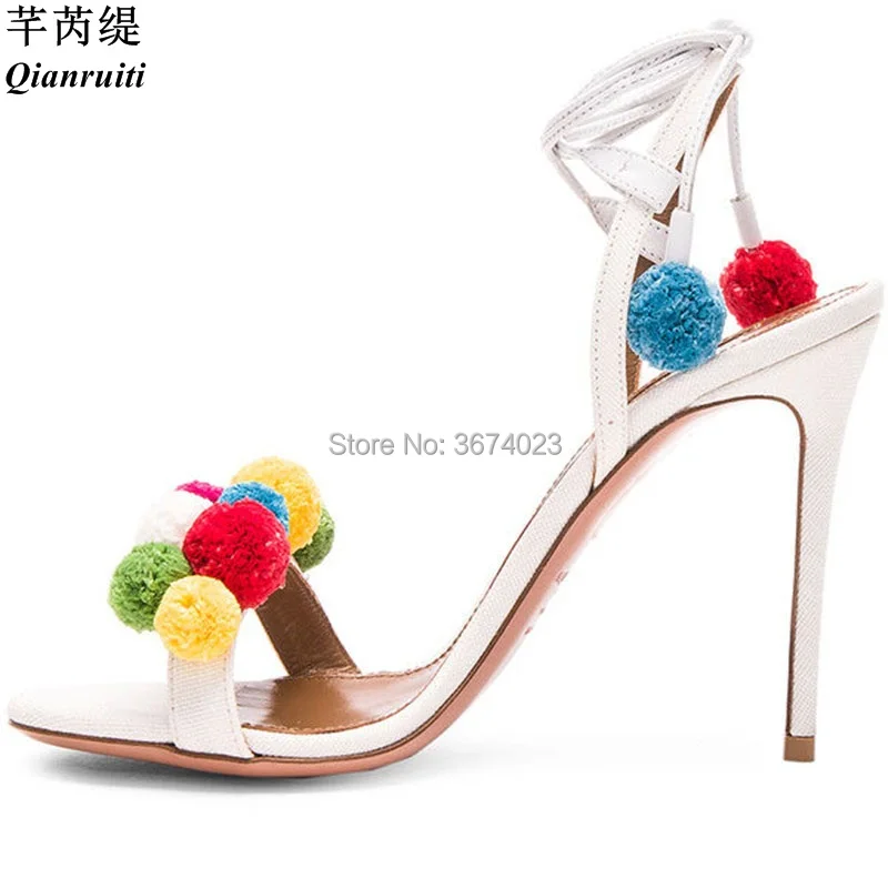 

Qianruiti Design Shoes Soft Pom Pom Party Sandals Gladiator High Heels Women Candy Lace Up Stilettos Bridal Wedding Sandals 2018