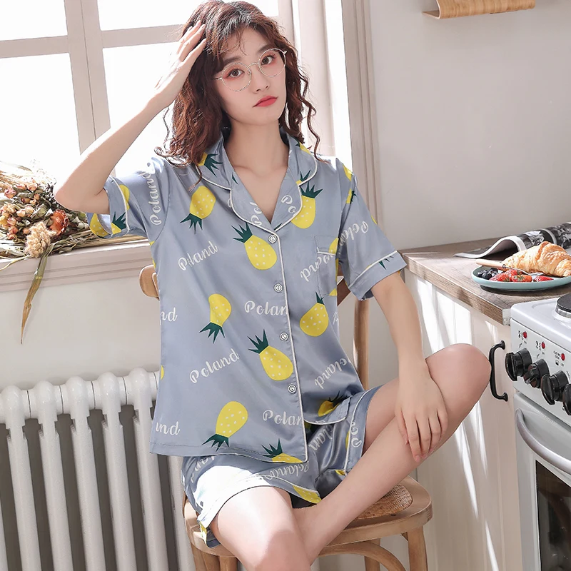 Sleep Lounge Button Pajama Set Sexy Satin Sleepwear Women Summer Pyjama Femme Fashion Fruit Pineapple Pajamas for | Женская одежда