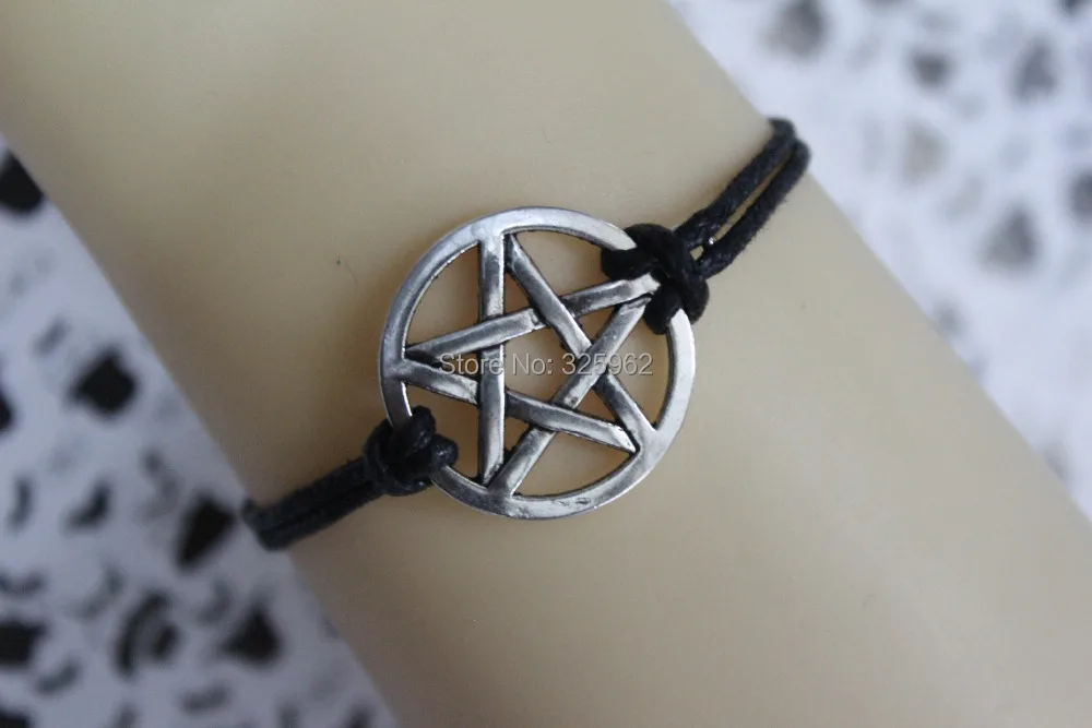 Старинное серебро пентаграмма / звезда браслет Черный воск каната Подарок на