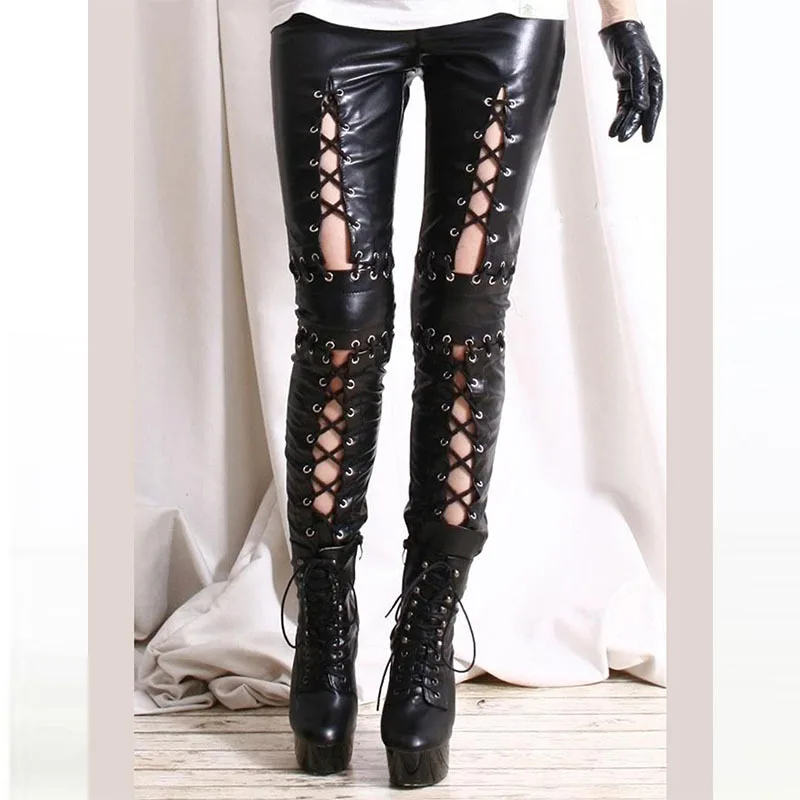Женские брюки на шнуровке черные леггинсы в готическом стиле из искусственной