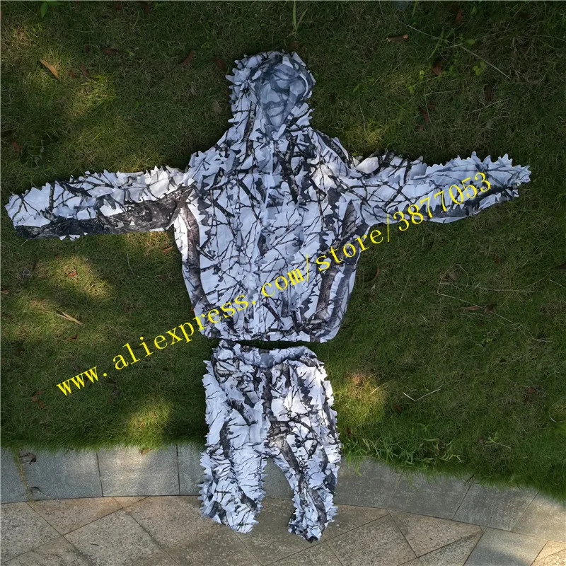Зима 3D белый снег сливы ветви деревьев стиль камуфляж ghillie костюм birdwatch страйкбол охота одежда включает в себя куртка и брюки