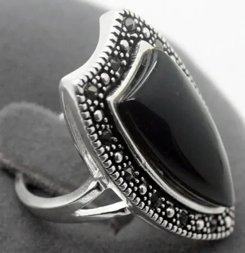 

14*26mm nice 925 SILVER NANTURAL BLACK Natural jade MARCASITE DROP RING SIZE 7/8/9/10