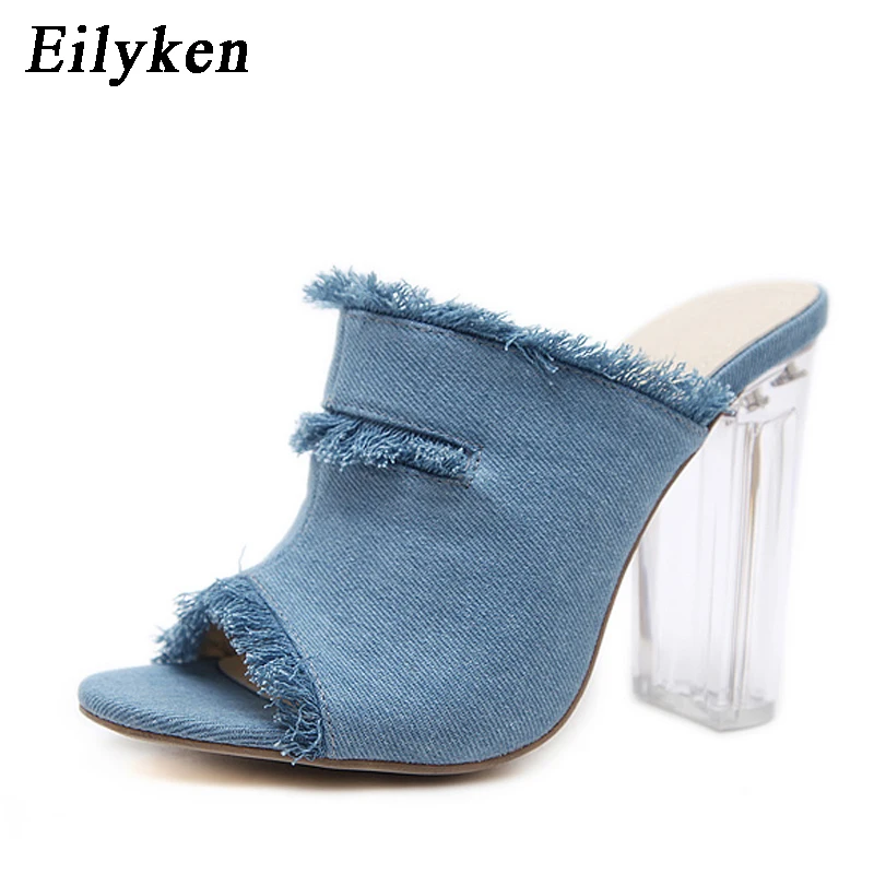 Eilyken/Новинка года; сезон лето; синие джинсовые шлепанцы на прозрачном каблуке; обувь сандалии тапочки для женщин; размеры 34-40