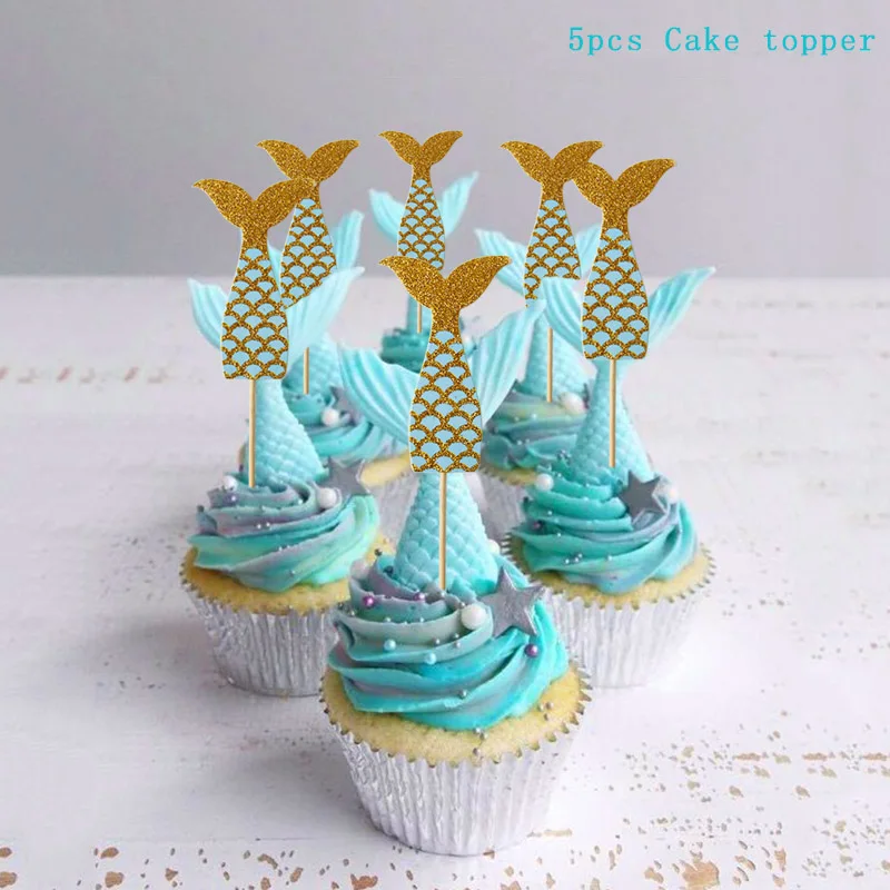 5pcs cake toppers Маленькая Русалочка праздничные обертки для кексов Топпер для торта «С Днем Рождения» День Рождения украшения под морем тема Девушка Вечерние поставки - Цвет: 5pcs cake toppers