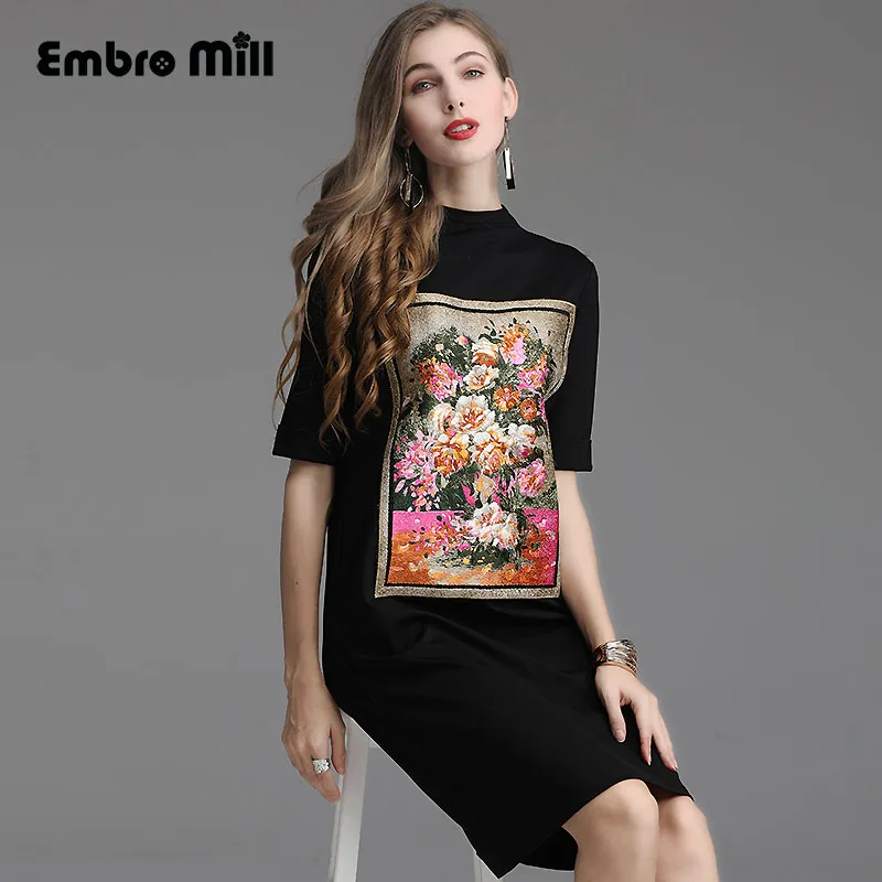 High-end Summer Retro palace painting embroidery Over the knee dress black/white Waist Slim elegant lady plus size M-3XL | Женская