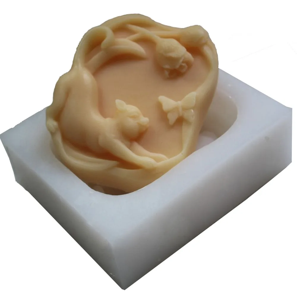 Зернистый Кот и бабочка-ручная работа Силиконовое мыло прессформа свечи Diy