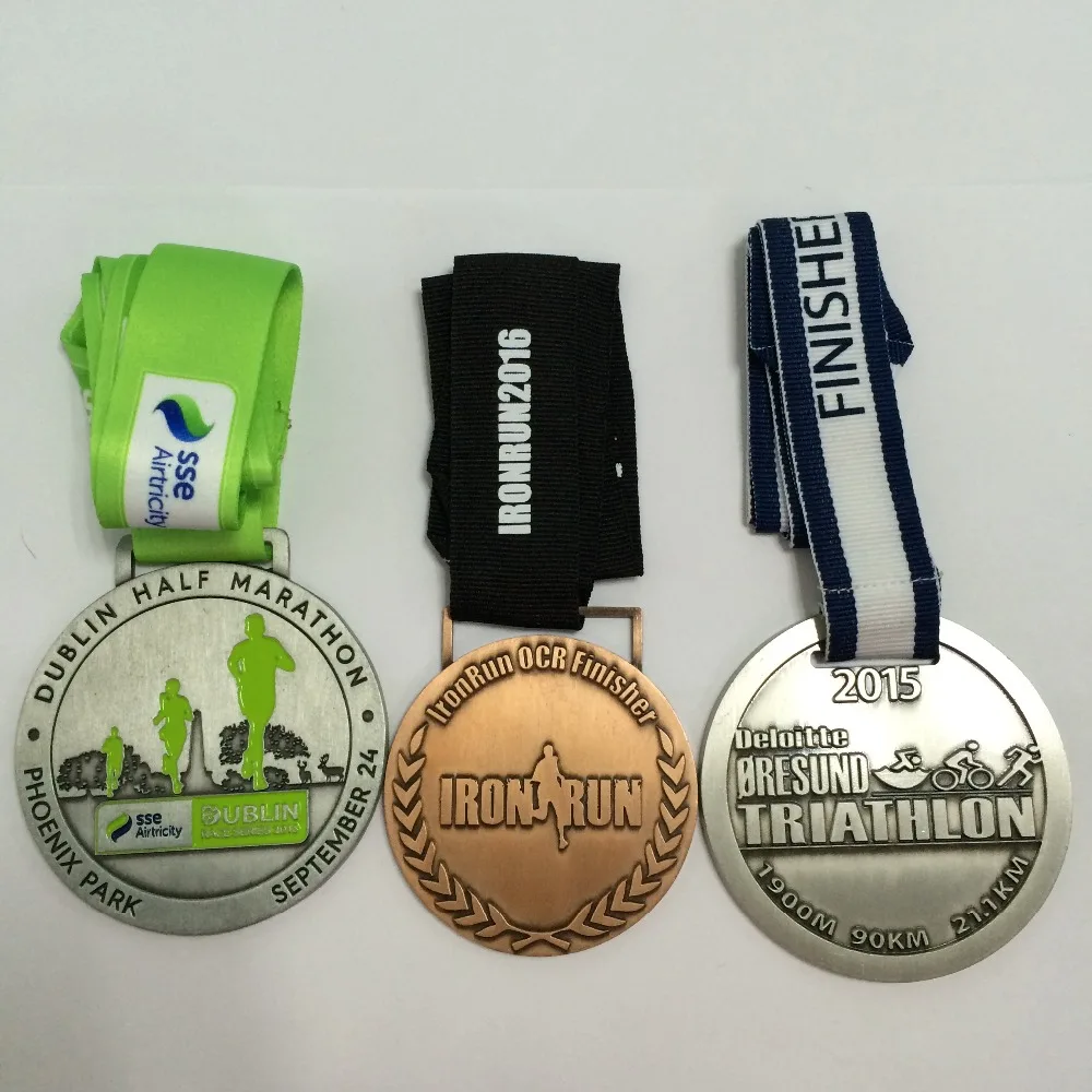 

sports medal with custom logo in gold/silver/bronze plating with medal ribbon--57.2mm diameter--200pcs