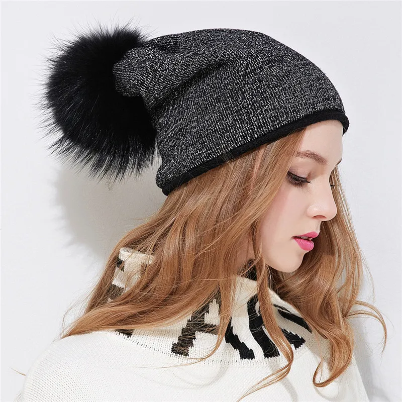 Женская шерстяная вязаная шапка с помпоном из натурального меха енота|winter hat
