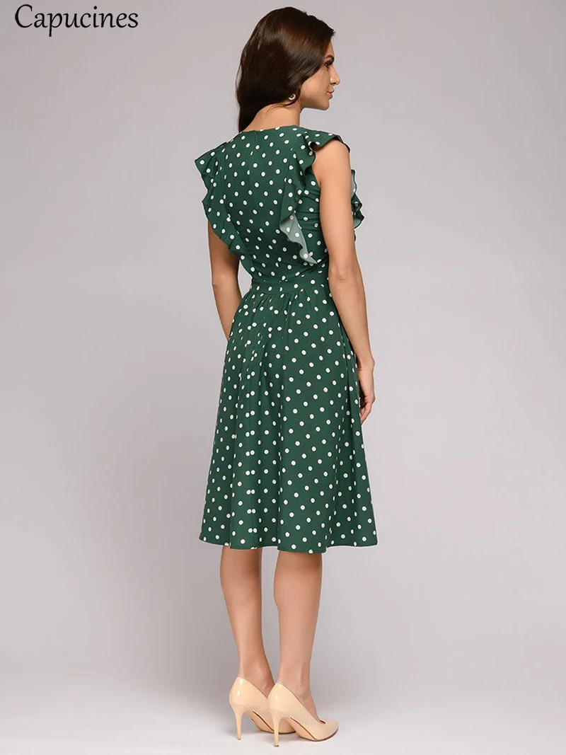 Capucines Summer Boho Floral Print Ruffle Trim A-Line Dress Women Cap Sleeve O-Neck Casual Dress Ladies Office Work Wear