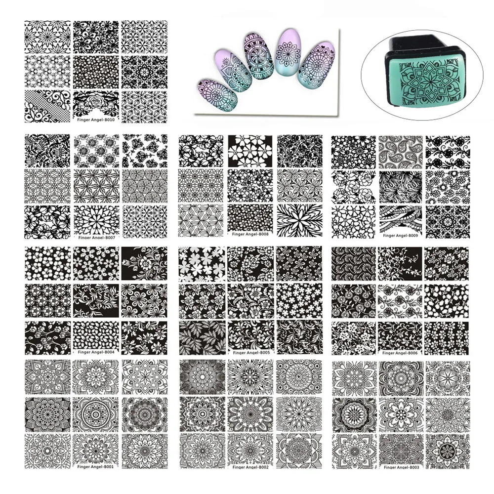 Finger Angel B001-010 10 шт. 6*8 пластины для штамповки ногтей DIY шаблон для ногтей+ 1 набор мини-штамп для переноса ногтей инструменты для дизайна ногтей