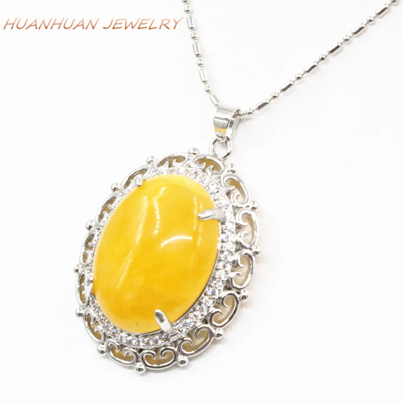 Stainless Steel Chain Pendant Necklace Women Zircon Inlay Natural Yellow Jades Stone Chalcedony Necklaces Pendants 28x35mm B3319 | Украшения