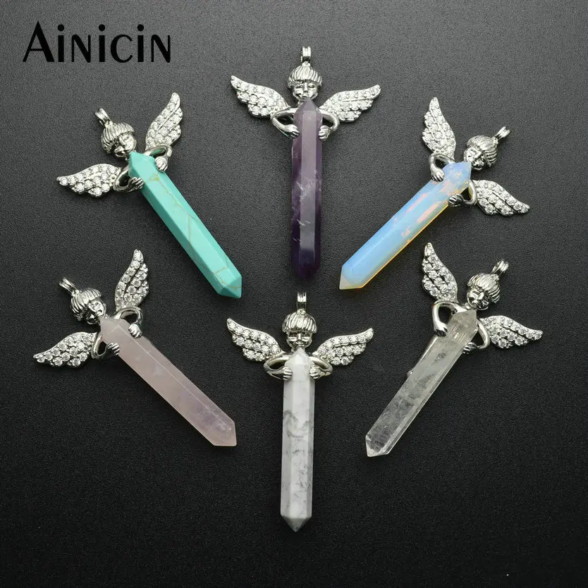 

10pcs Mixed Color Natural Smei-precious Stone Sky Angle Cupid Pendants Crystal Pointed Fashion Children's Gift Jewelry