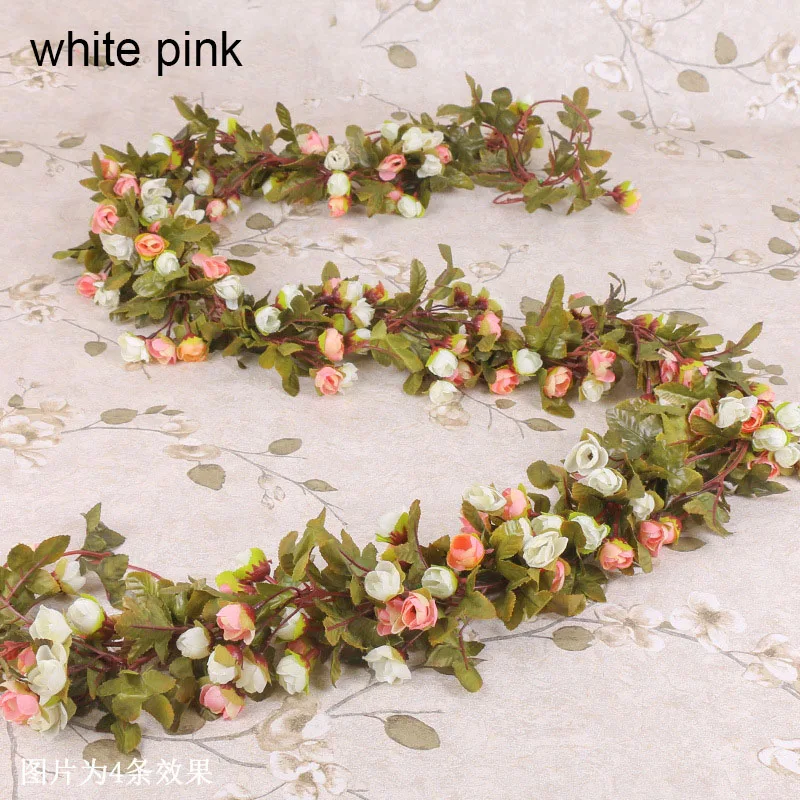 white pink Шелковые искусственные цветы розы венок из виноградных листьев поддельные плюща арки Висячие декоративные свадебные дома стены ротанга растения листья украшения - Цвет: white pink