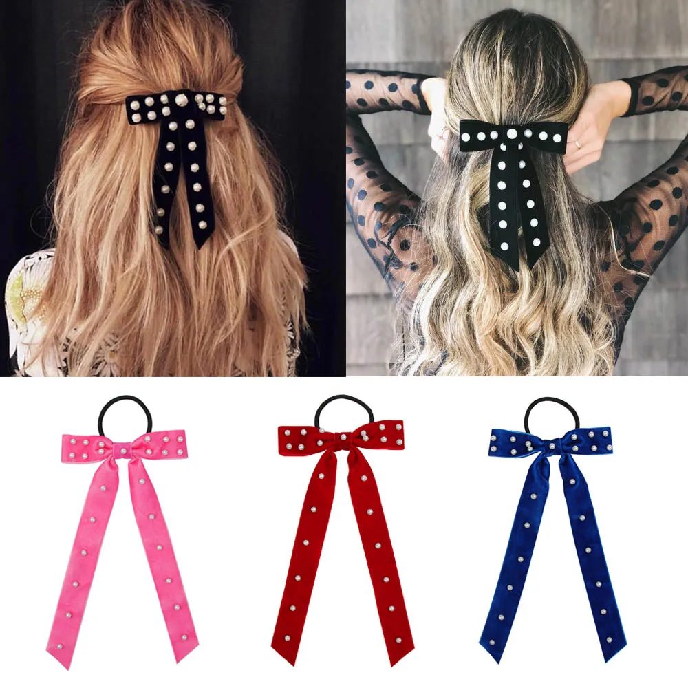

Women Pearl Velvet Scrunchies for Girls Ponytail Holder Gum for Hair Bands Rubber Elastic Headband Bowknot Hair Accessories