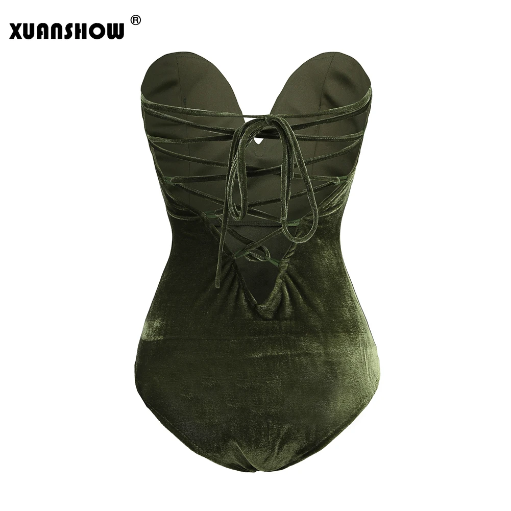 XUANSHOW, сексуальный милый бюстье, боди, Одноцветный, с открытой спиной, на шнуровке, вельветовый комбинезон,, летний, обтягивающий, элегантный, женский боди