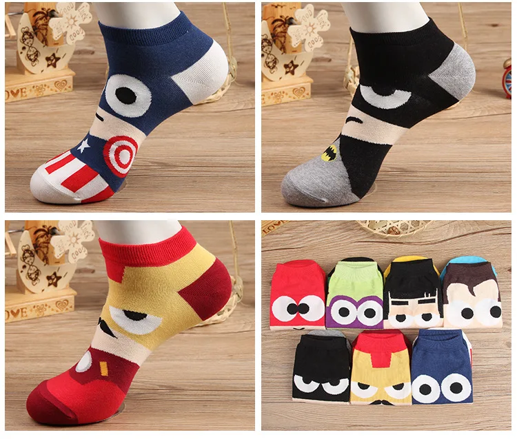 Marvel Iron Man Captain America cartoon socks Spiderman Batman funny personalized men's spring summer comfort cotton ankle sock