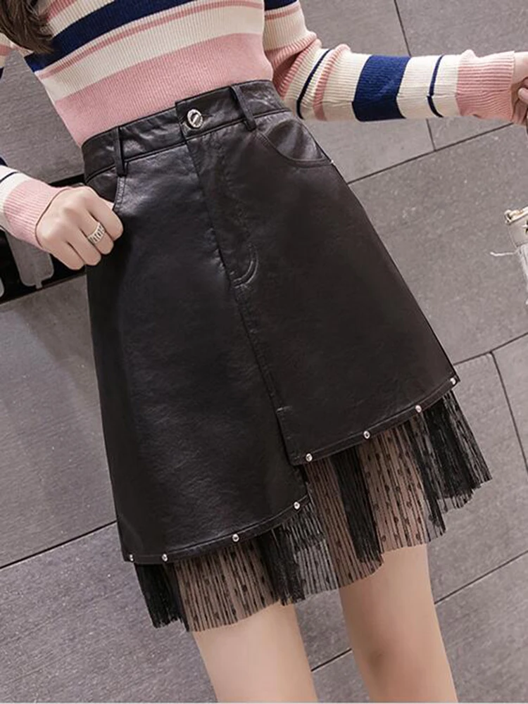 

2020 Spring New Arrival Sweet Mesh Splicing Leather Skirt Chic Mini Skirt With Pockets Office Skirts Womens Free Shipping