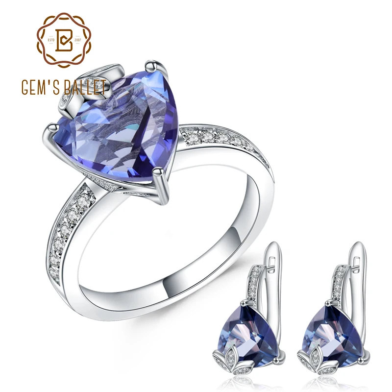 GEM'S BALLET Natural Iolite Blue Mystic Quartz Ring Earrings 925 Sterling Silver Triangle Gemstone Jewelry Set For Women | Украшения и