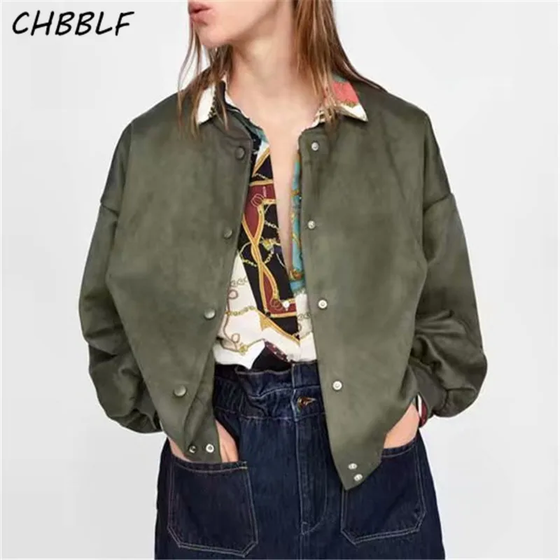 Женская замшевая куртка бомбер CHBBLF осенняя Повседневная однотонная с карманами