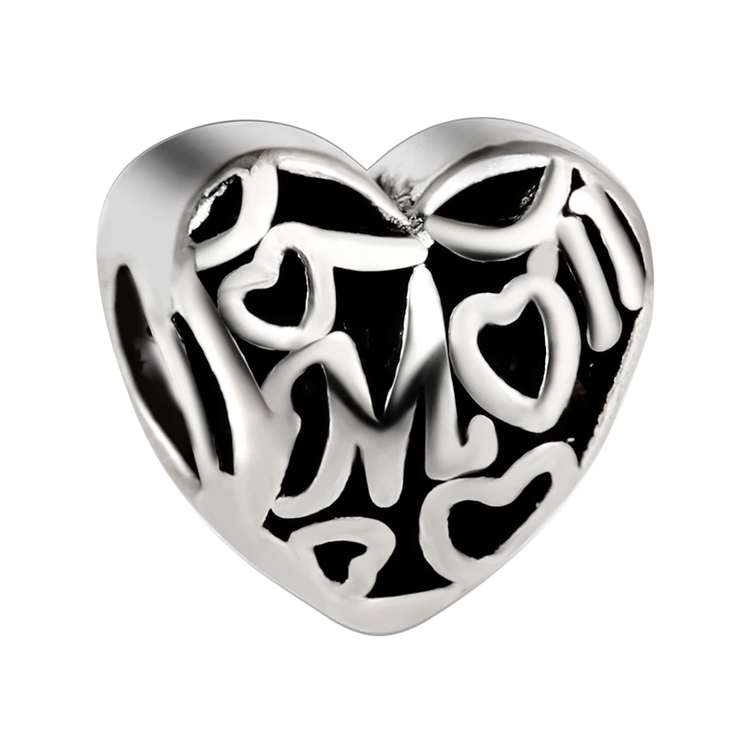 

10Pcs a Lot Silver Plated Beads Heart openwork MOM DIY Big Hole Beads Spacer Murano Bead Charm Fit For Pandora Charms Bracelet