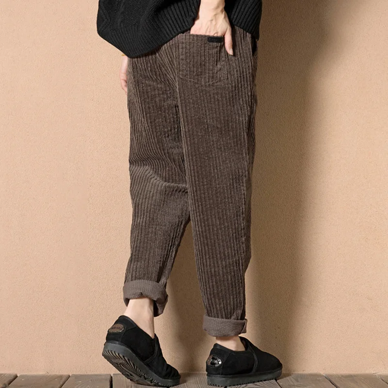 Женские свободные брюки винтажные вельветовые шаровары с эластичным поясом