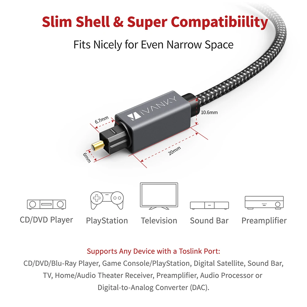 [Lifetime Warranty] iVANKY Optical Audio Cable Fiber Core AUX Digital Cord for Soundbar TV PS4-[2pcs/pack] |