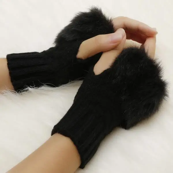 Женские вязаные перчатки без пальцев теплые зимние с искусственным кроличьим