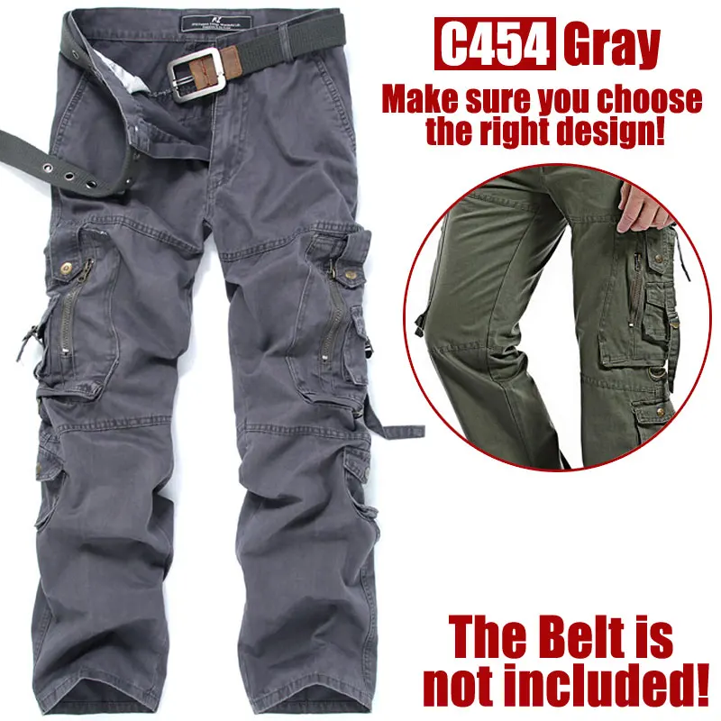 C454 Gray Новые мужские потертые хлопковые повседневные брюки, свободные мужские штаны карго с несколькими карманами, мужские слаксы, большие размеры, W28-42, C454 - Цвет: C454 Gray
