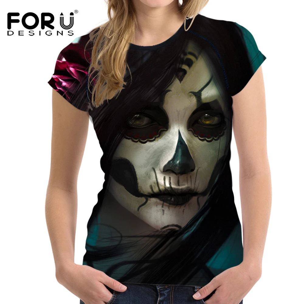 FORUDESIGNS/Летняя женская футболка в стиле панк с объемным черепом тонкая для