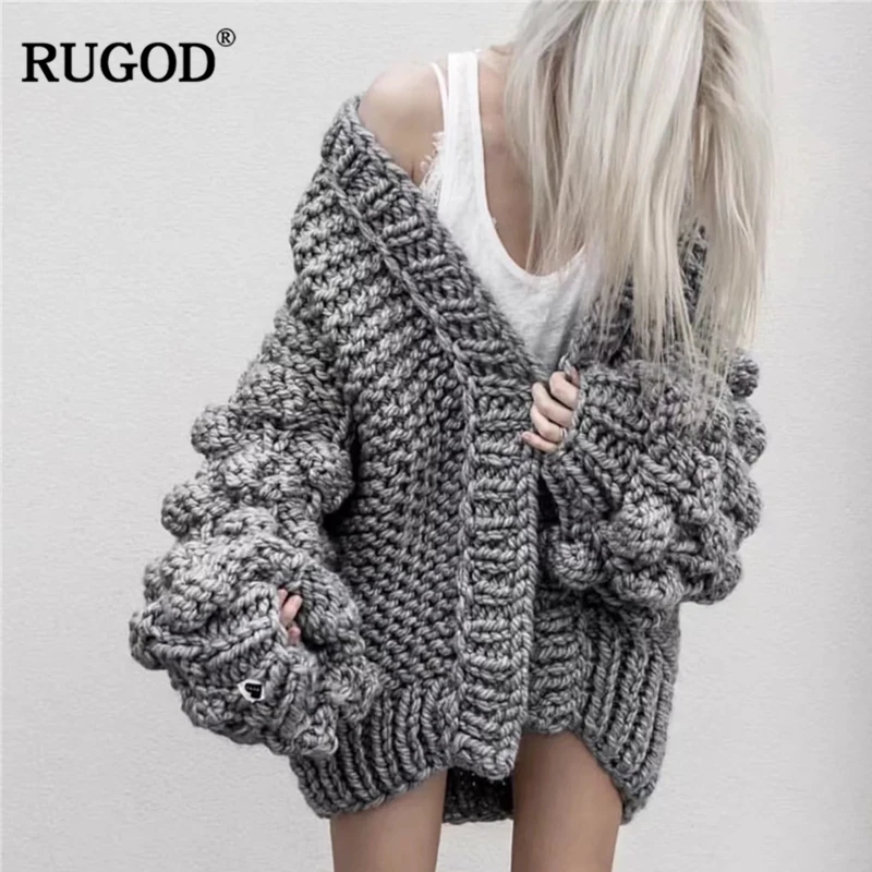 Новинка Свободный кардиган ручного вязания с рукавами фонариками RUGOD женский