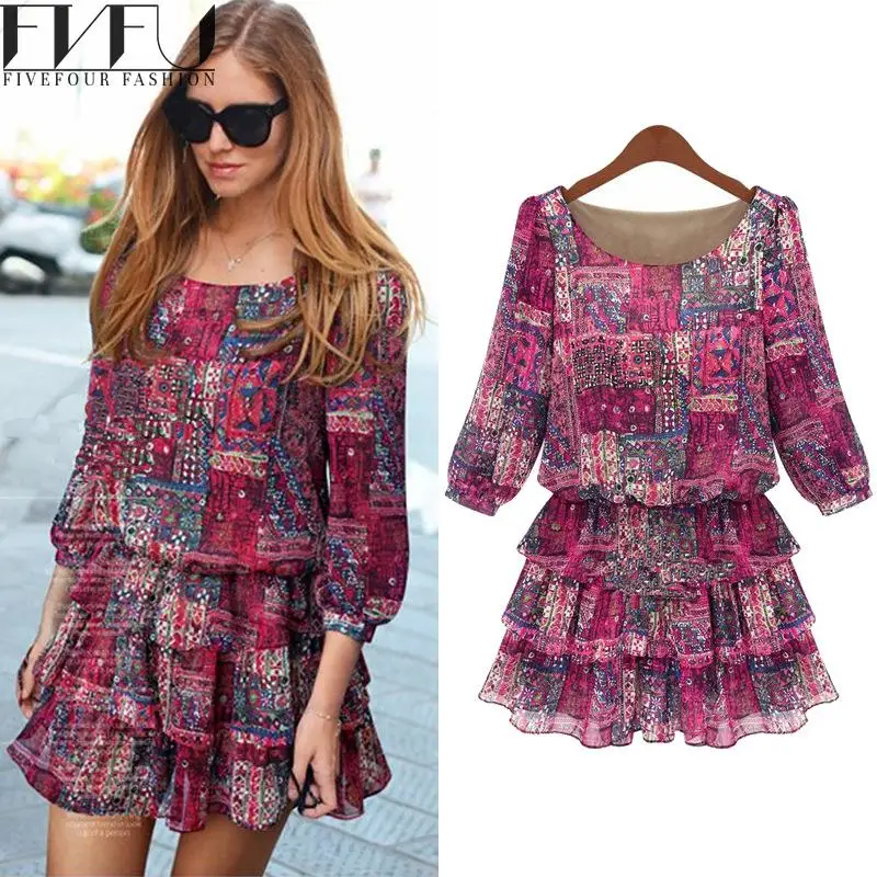 2017 Новая Мода Платье Женщины Лето Элегантный Половины Рукав Шифона Печати О