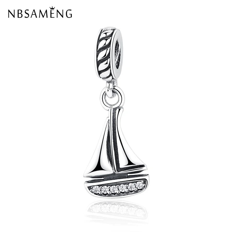 

New 100% 925 Sterling Silver Bead Charm Sailing Ship Sailboat Pave CZ Pendant Charms Fit Bracelets DIY Women Jewelry
