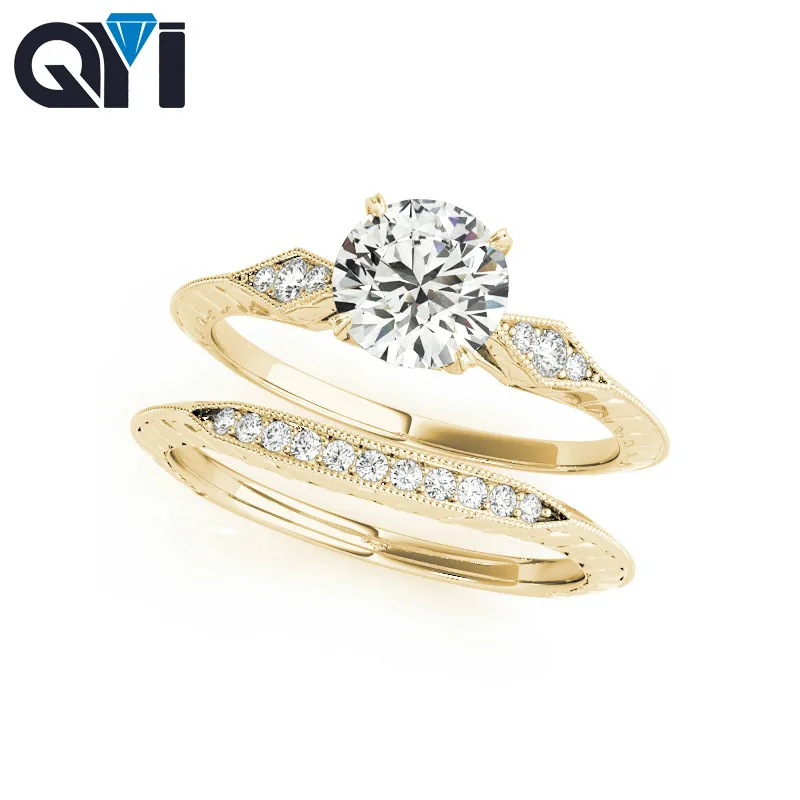 14K Yellow Gold Engagement Ring Sets 1 Carat Round Cut Moissanite Diamond Bridal Jewelry Wedding Rings For Women