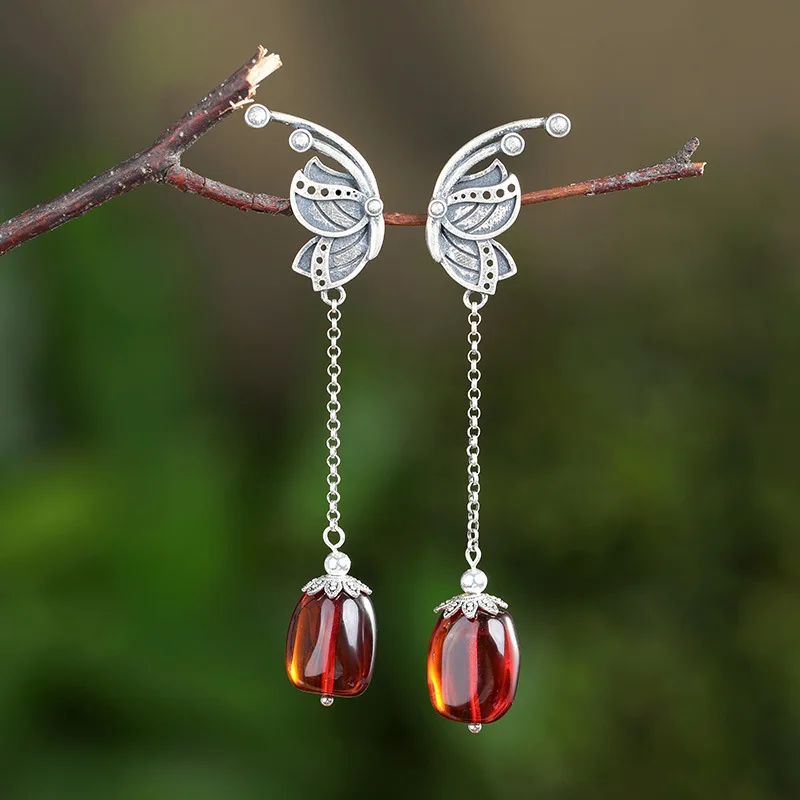 S925 sterling silver retro female personality natural blood amber temperament national wind ear free shipping | Украшения и
