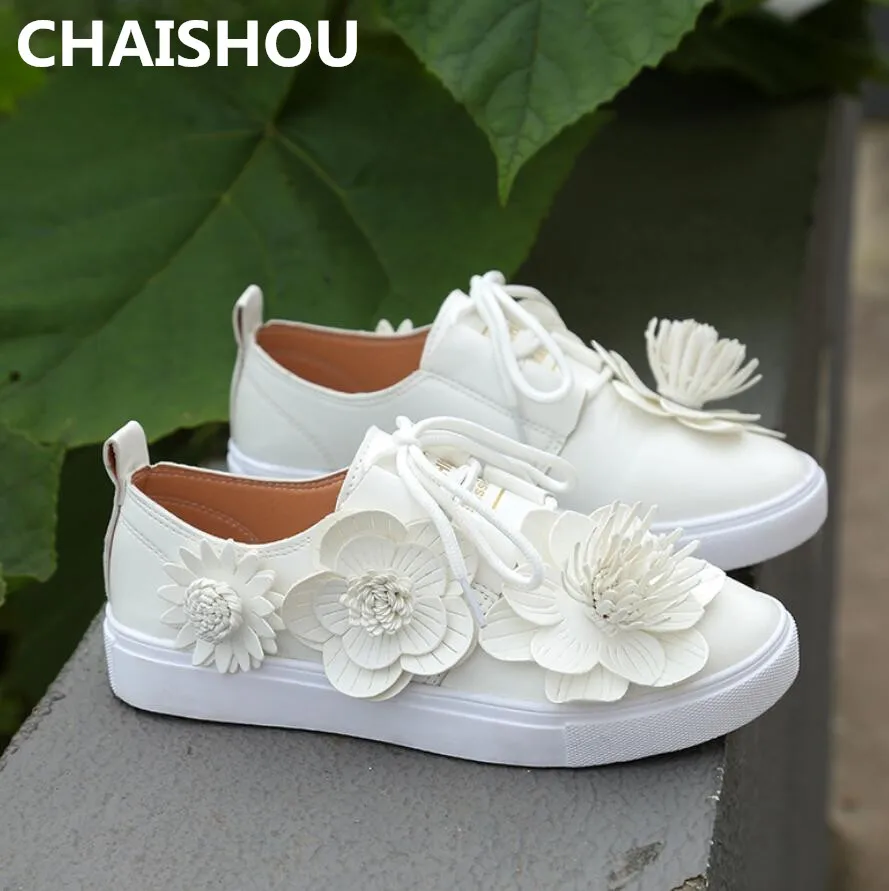 CHAISHOU 2019 Women's Spring New round head PU lace-up flower casual shoes platform small white student sports B-297 | Обувь
