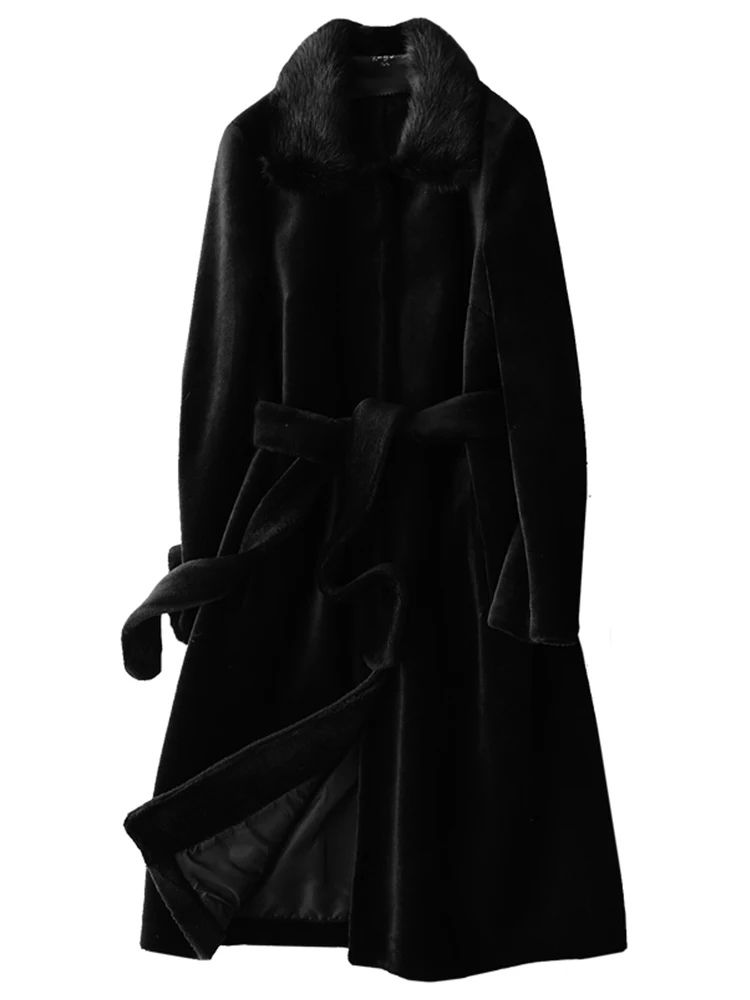 AYUNSUE Real Fur Coat with Mink Fur Collar Fashion Winter Coat Women Clothes Korean Thick Warm Long Wool Jacket+belt X-85