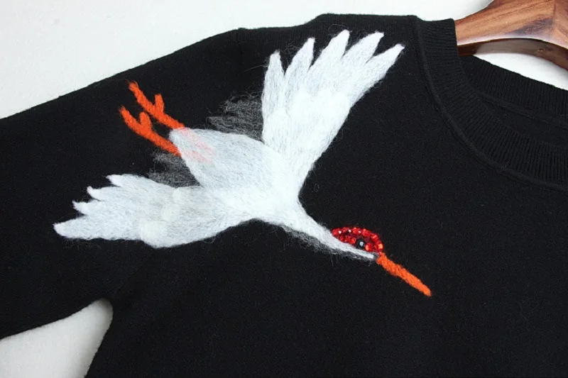 Top Quality Runway Designer Sweater Women Pullover 2018 New Red-crowned Crane Embroidery Winter Wool Knit Oversized Jumper | Женская