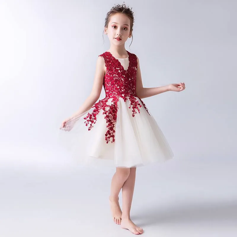 Wine red Short Детское кружевное пышное платье из тюля для девочек Детские вечерние платья для свадьбы, Первого Причастия платье со шлейфом и аппликацией для девочек-подростков Q301 - Цвет: Wine red Short
