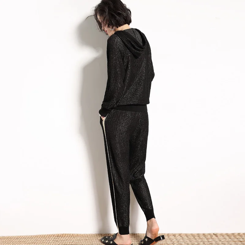 2020 New Arrival Full Hooded Drawstring Spring Woman Suit Fashion Casual Comfort Hoodie + Knit Two-piece