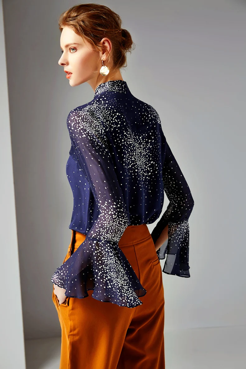 2019 100% Pure Silk Women's Runway Shirts Bow Collar Flare Sleeves Dots Printed Fashion Elegant Shirt Blouse |