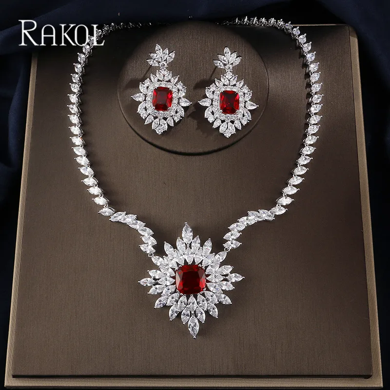 RAKOL Дубай красный цвет кубического циркония цветок большой кулон ожерелье серьги