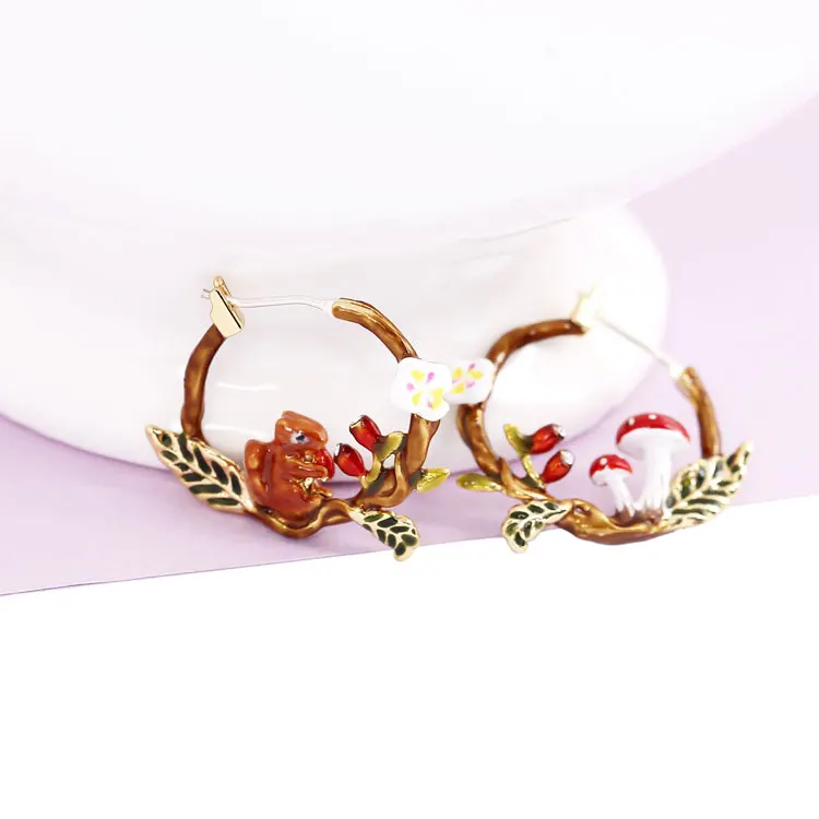 Белка гриб Асимметричные круглые серьги Модные ювелирные изделия Sieraden Joyas