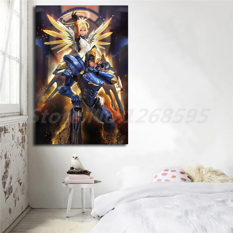 Игра Overwatchs OW Mercy Pharah плакат холст картины печати Гостиная домашний декор