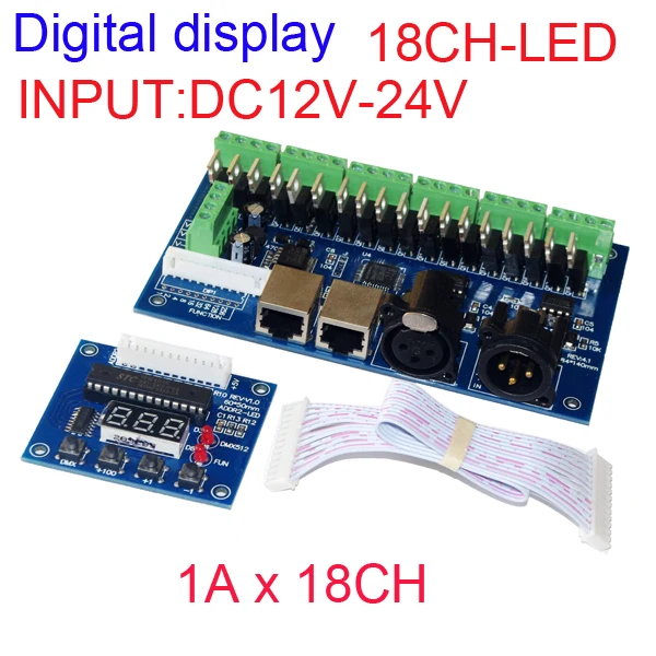 

Free shipping 18CH dmx512 decoder,18 channel dmx512 controller, 6groups RGB output,RJ45,LED DMX drive,Digital display