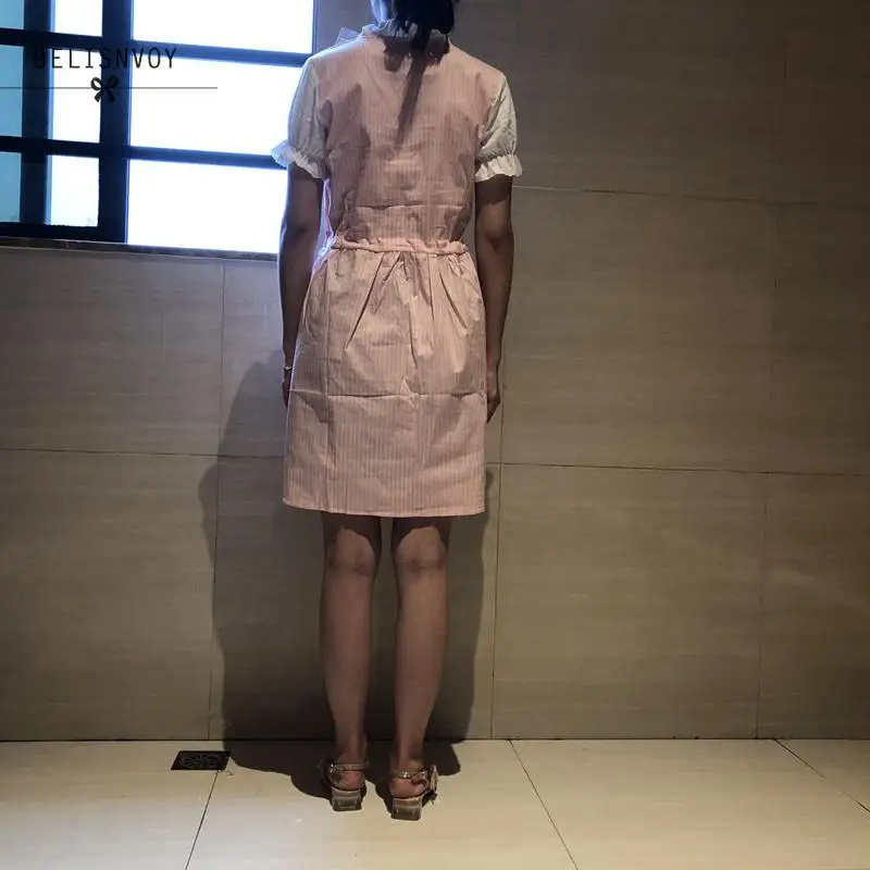 Preppy Style Summer Women Dresses Patchwork Pink Blue Bow Girl's School Uniform Dress Elegant Short Sleeve Kawaii Striped | Женская