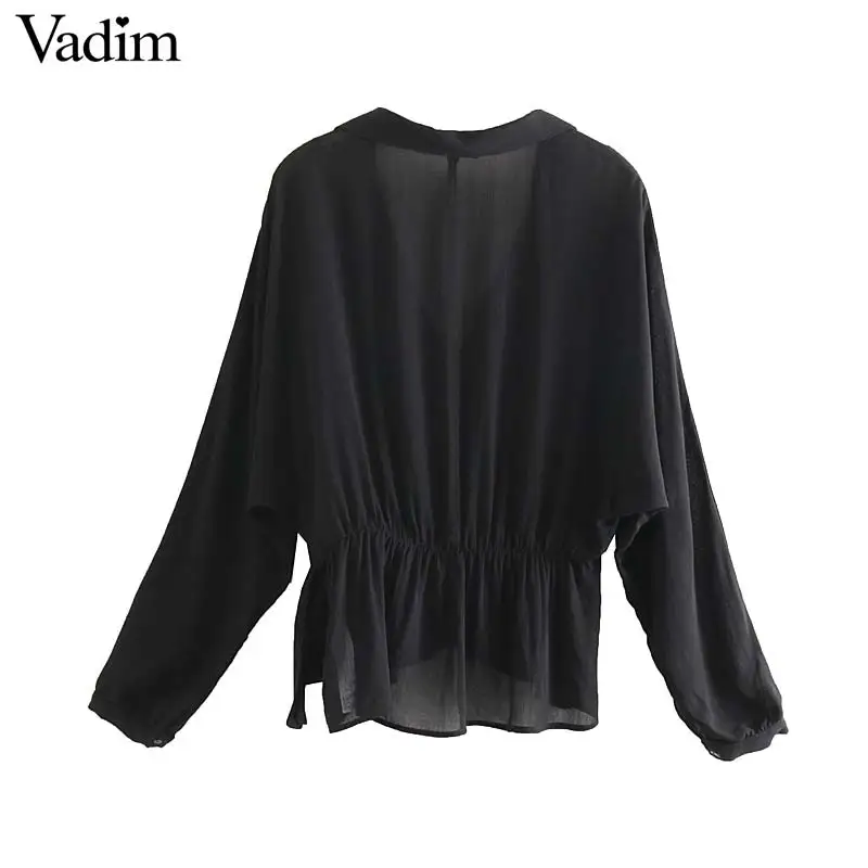 Vadim elegant V neck pleated chiffon blouse transparent bow tie sashes long sleeve sexy shirts female chic tops blusas LB151 |