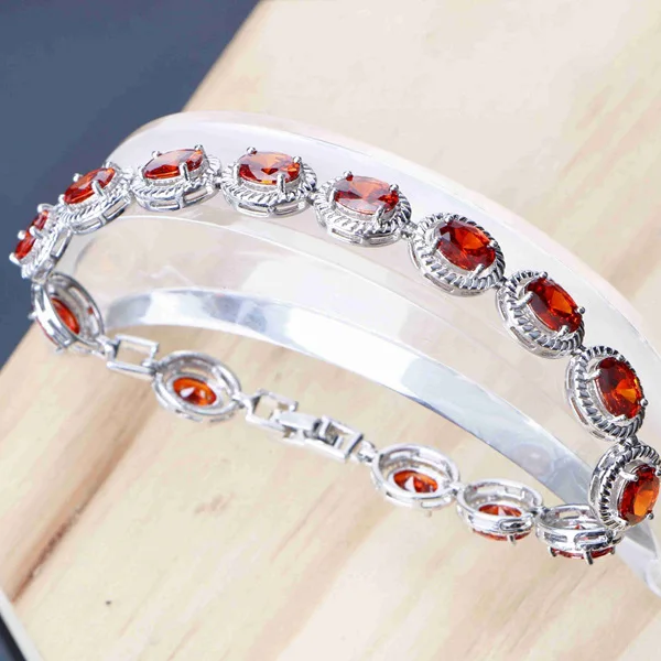 Bracelet Женские Ювелирные наборы, Круглый красный гранат, фианит, серебро 925, ювелирные изделия, серьги, ожерелье, Набор браслетов, 3 варианта для девушек - Окраска металла: Bracelet