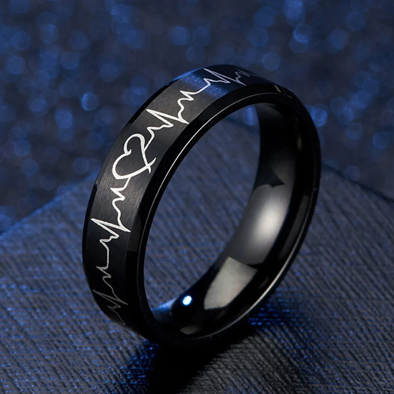 ECG Черное Матовое обручальное кольцо из нержавеющей стали с сердцем для женщин и