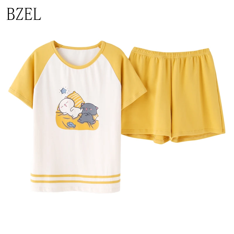 Женский хлопковый пижамный комплект BZEL из 2 предметов с коротким рукавом